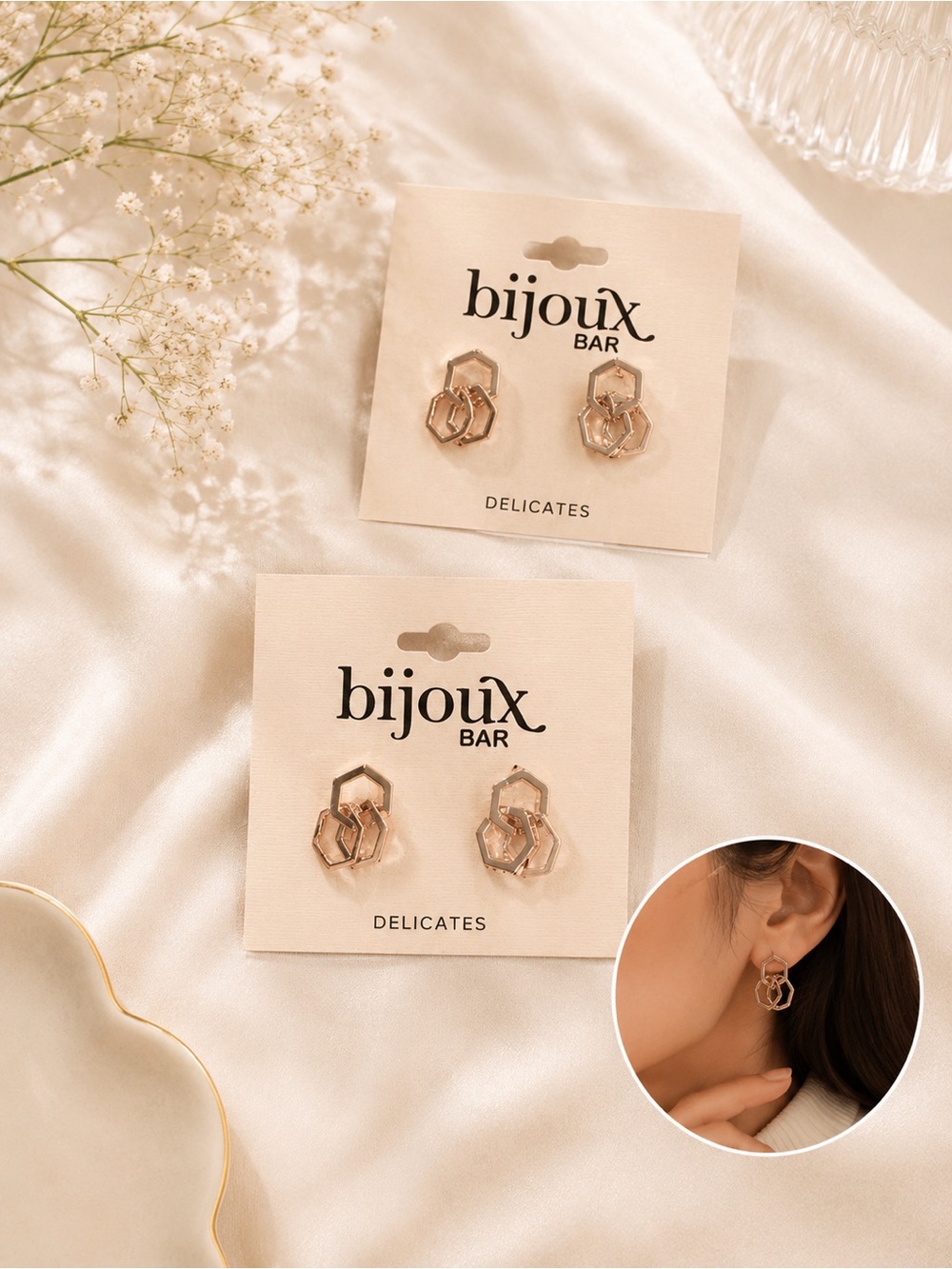 2 pair $24 Bijoux Gold Hexagon Link Earrings Gold drop dangle dainty cute gift